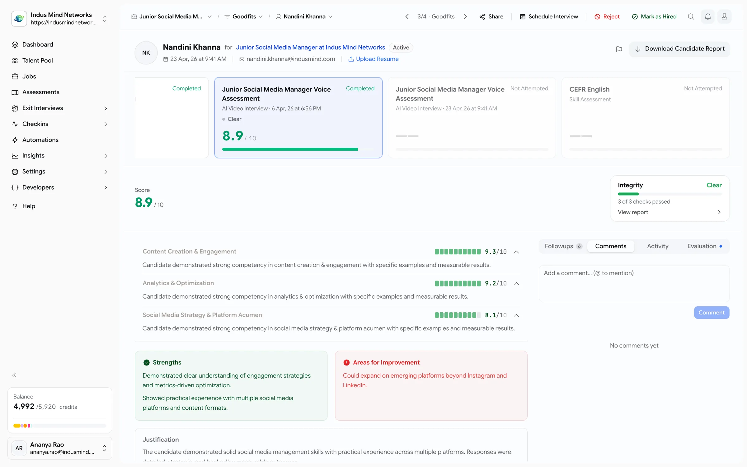 Goodfit AI interview scorecard: the candidate scored 8.9 out of 10, with a score and a one-line reason for each skill, plus strengths and areas for improvement